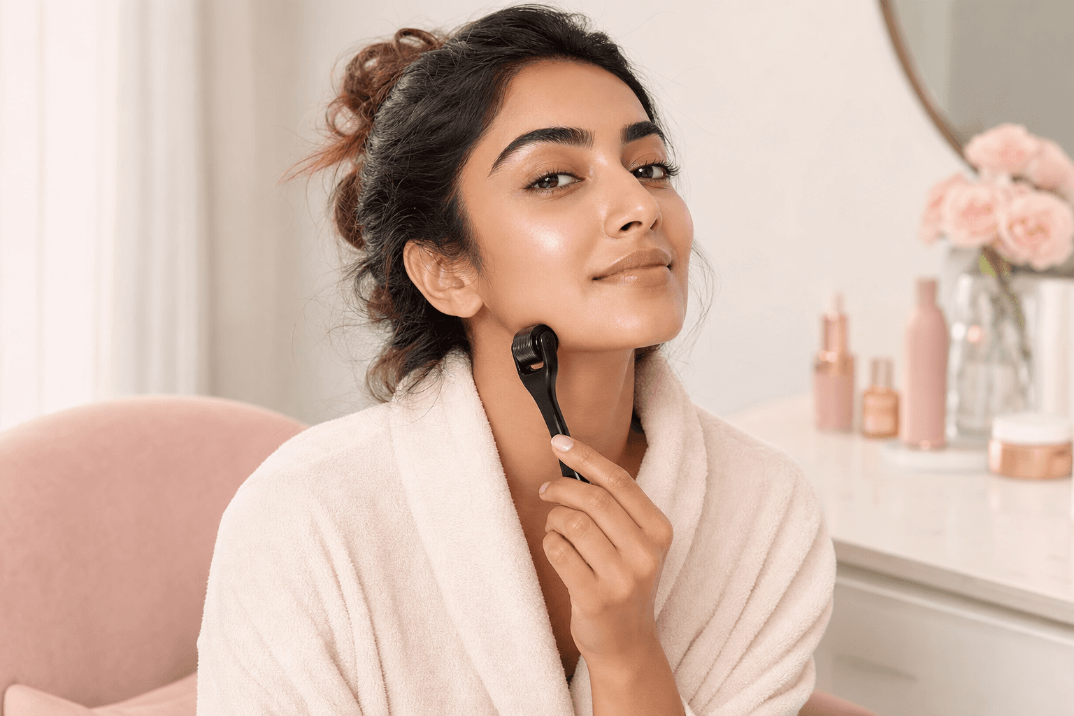 Woman using the Evonna titanium derma roller as part of her skincare ritual