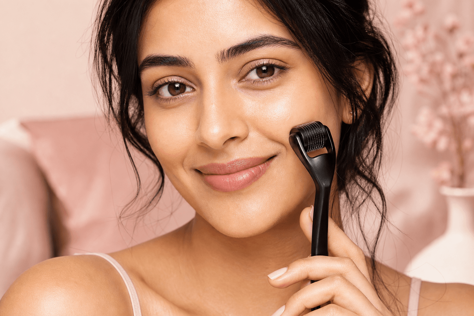 Woman with radiant skin using a titanium derma roller